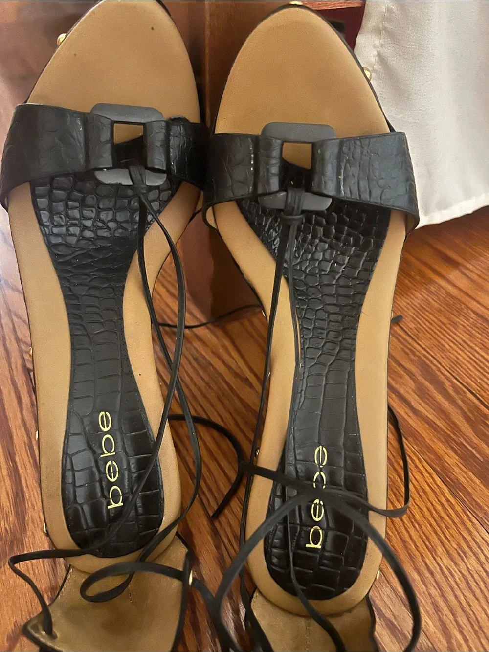 bebe Black Lace-Up Cork Wedge Sandals with Gold Studs